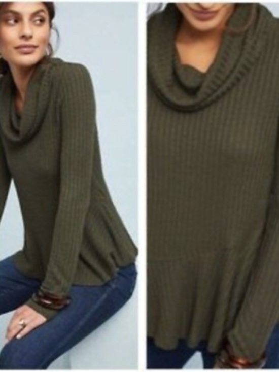 Anthropologie Sweaters - Anthropologie Maeve Olive Ribbed Cowl Peplum Sweater. XS